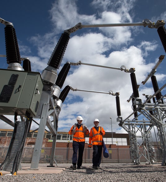A group of workers walking in a power substation