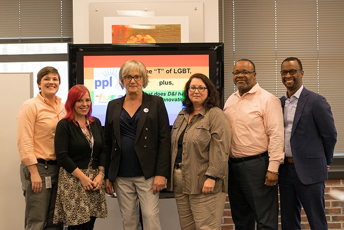 PPL employees pictured with Madeline Marquardt (center) during a lunch and learn to raise awareness about transgender people.