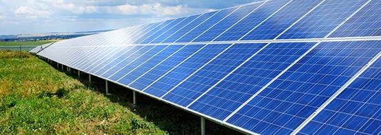 Solar panel in green field on bright sunny day.
