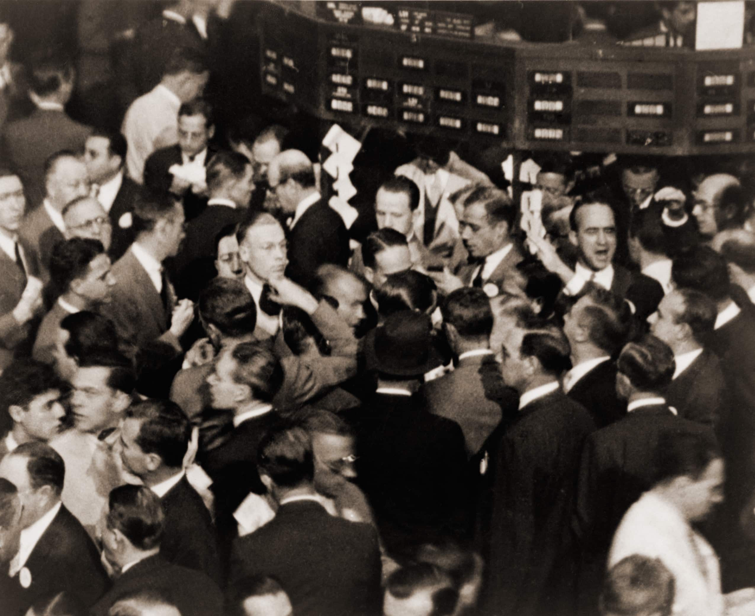 Stock traders on the floor of the New York Stock Exchange circa 1936