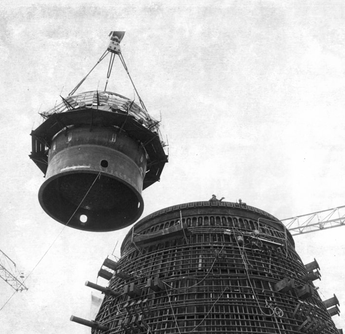 The first section of the nuclear reactor at the Susquehanna Nuclear Generating Station in Salem Township, near Berwick, is carefully guided into place on March 27, 1976. Photo courtesy of The Times-Tribune.