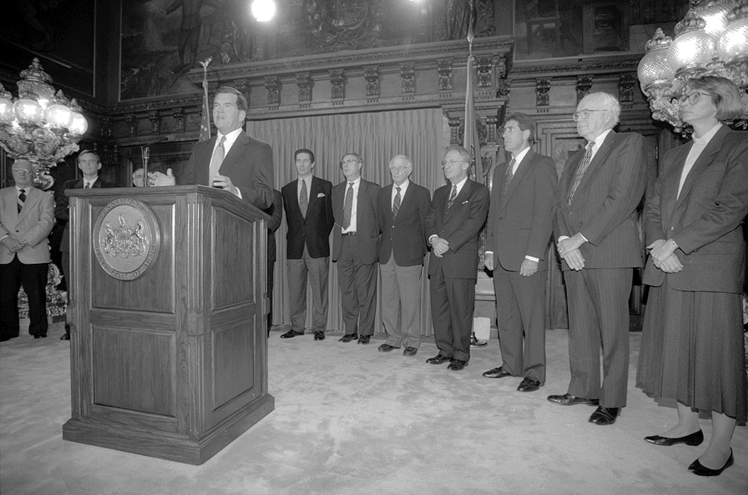 Then Pennsylvania Gov. Tom Ridge held a press conference in 1996 to announce legislation that allows customers to choose their electricity generation supplier.