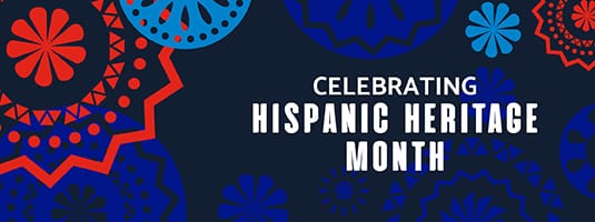 Graphic with red and blue flowers with text: Celebrating Hispanic Heritage Month